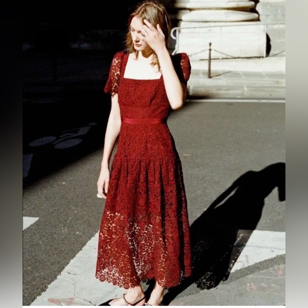 Self-Portrait New NWT Elegant Burgundy Red Guipure Lace Midi  Dress size 10